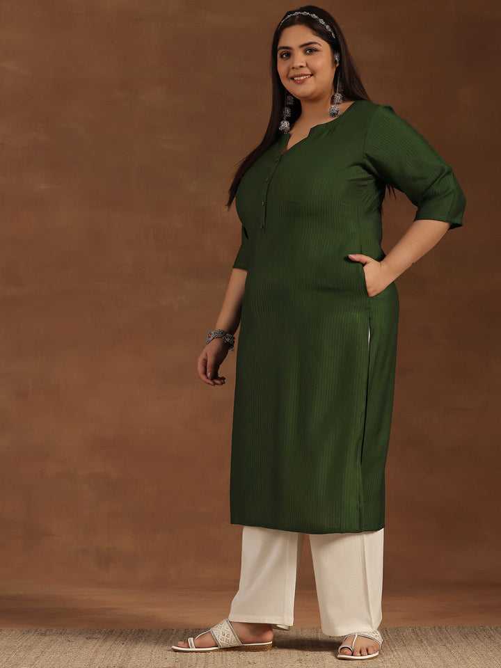 Plus Size Green Woven Design Silk Straight Kurta
