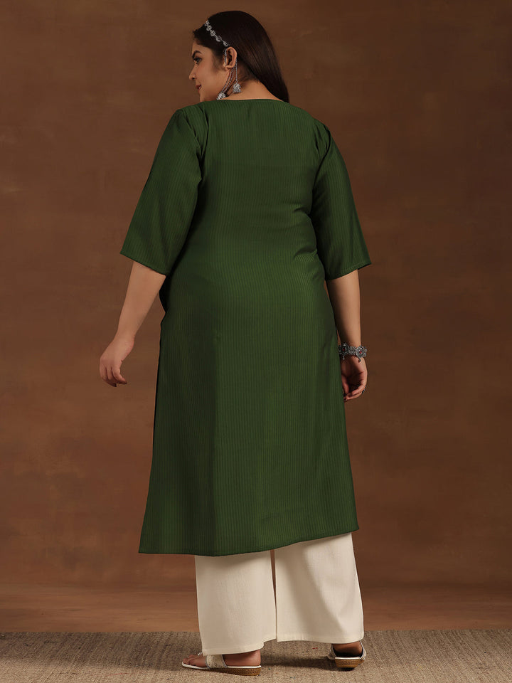 Plus Size Green Woven Design Silk Straight Kurta