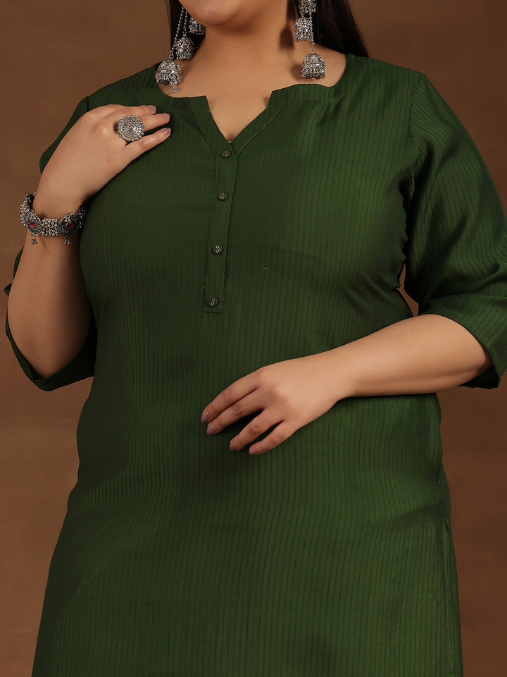 Plus Size Green Woven Design Silk Straight Kurta