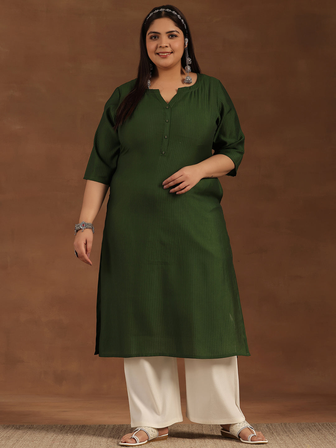 Plus Size Green Woven Design Silk Straight Kurta
