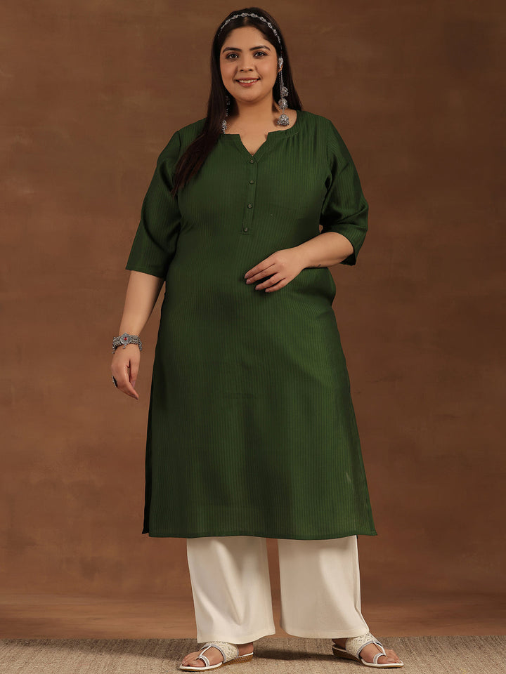 Plus Size Green Woven Design Silk Straight Kurta