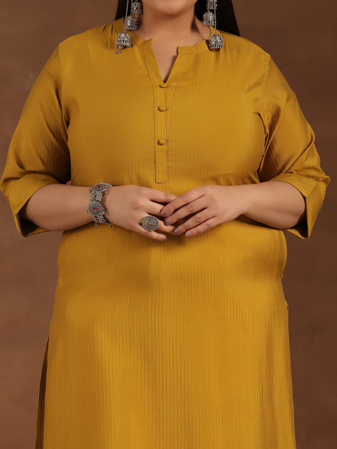 Plus Size Mustard Woven Design Silk Straight Kurta