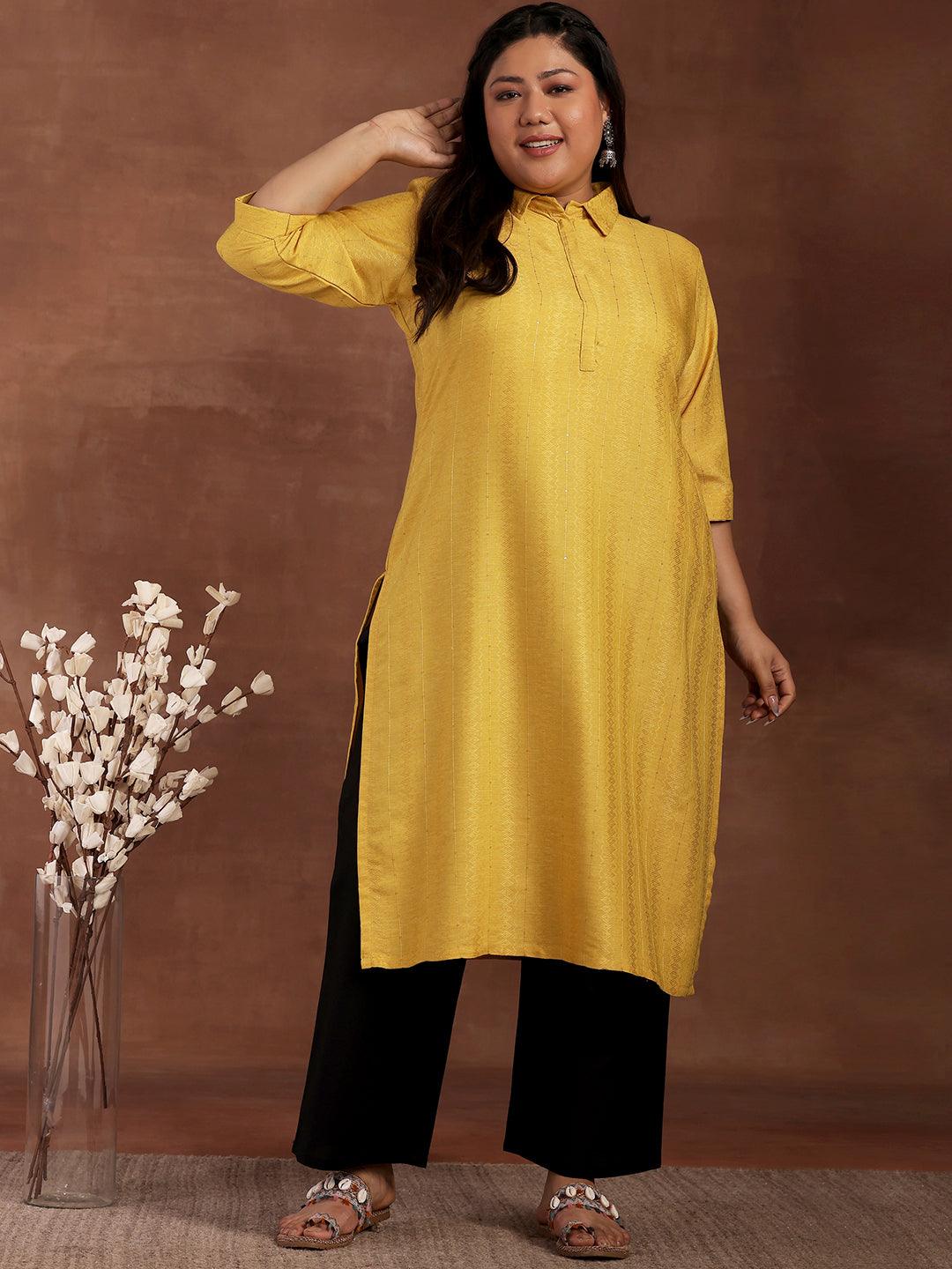 Plus Size Yellow Woven Design Cotton Kurta