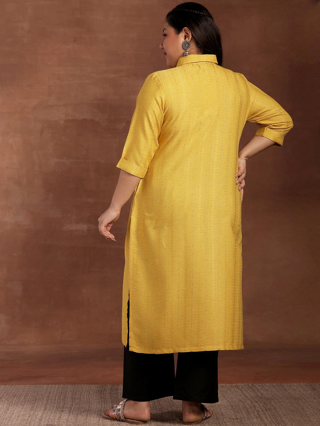 Plus Size Yellow Woven Design Cotton Kurta