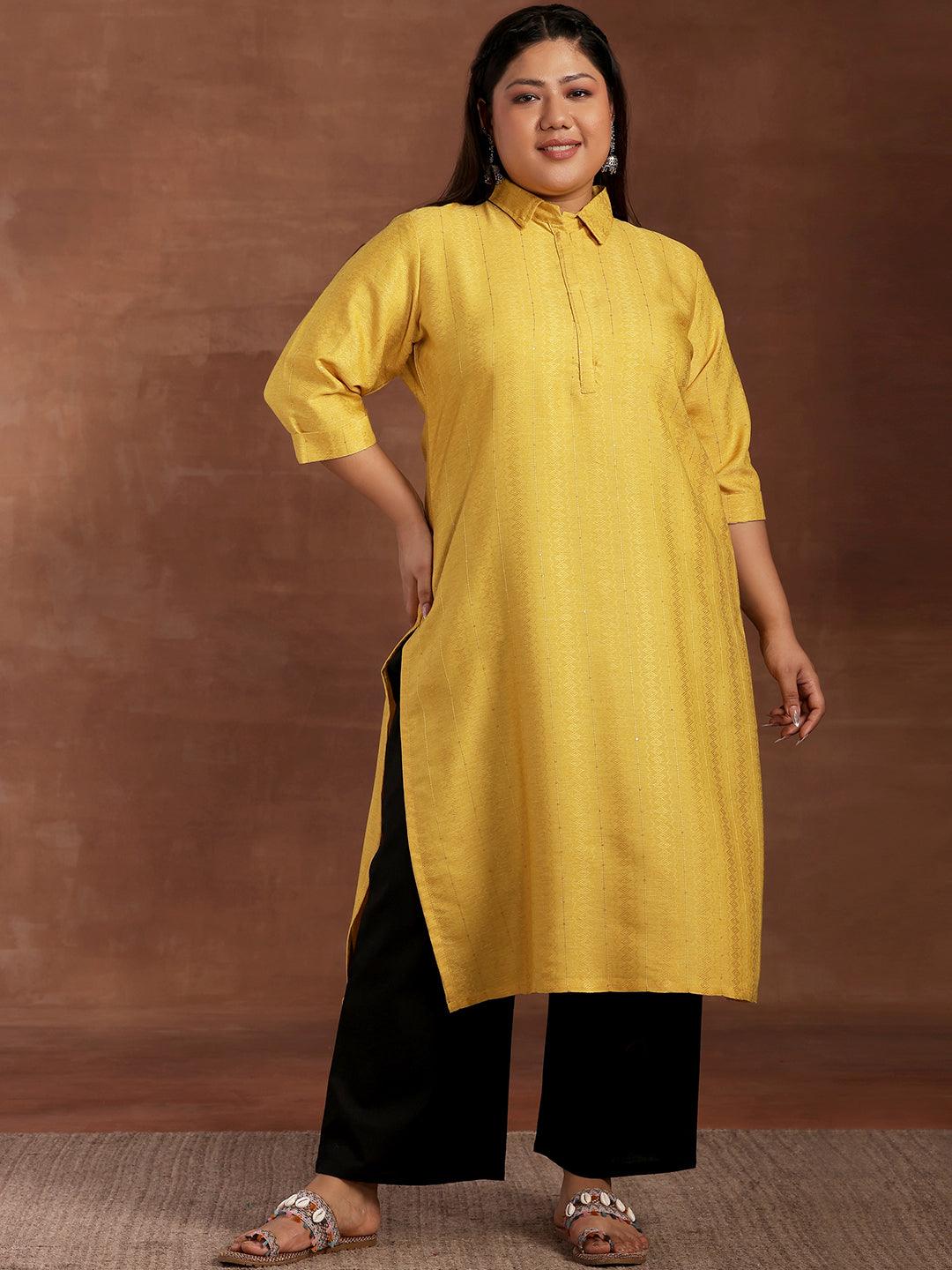 Plus Size Yellow Woven Design Cotton Kurta