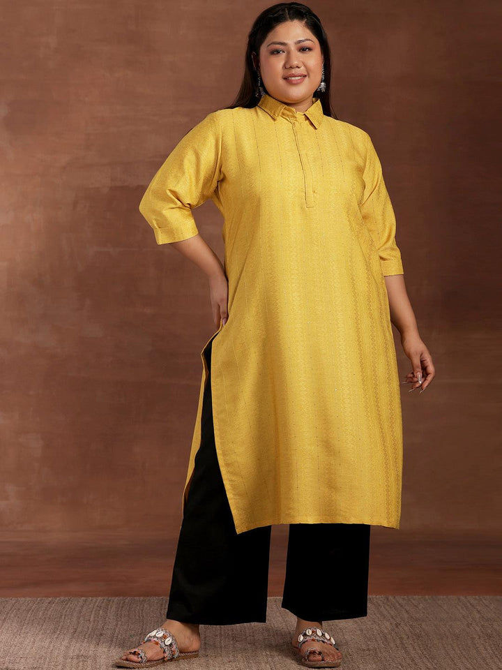 Plus Size Yellow Woven Design Cotton Kurta