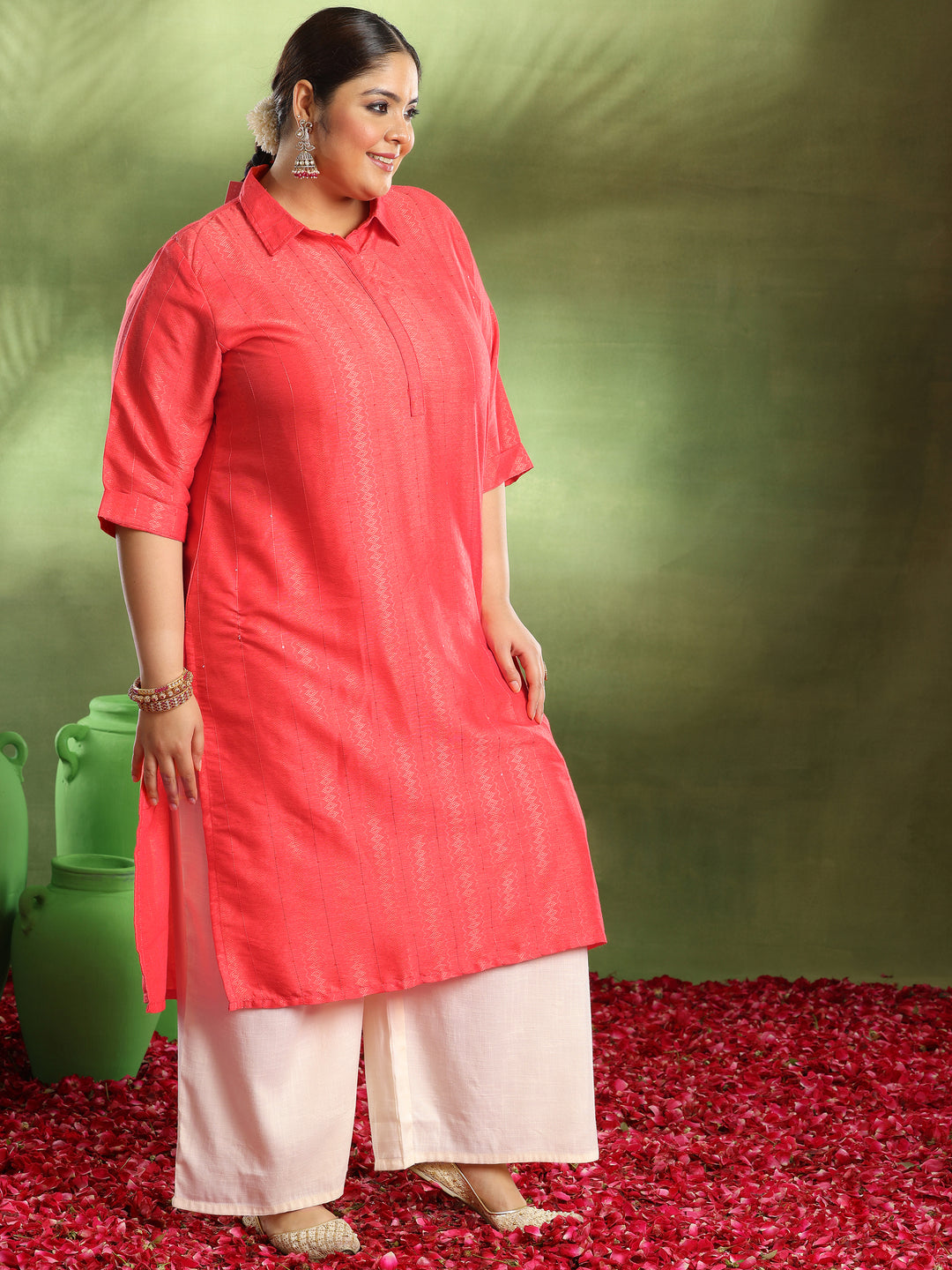 Plus Size Coral Woven Design Cotton Kurta