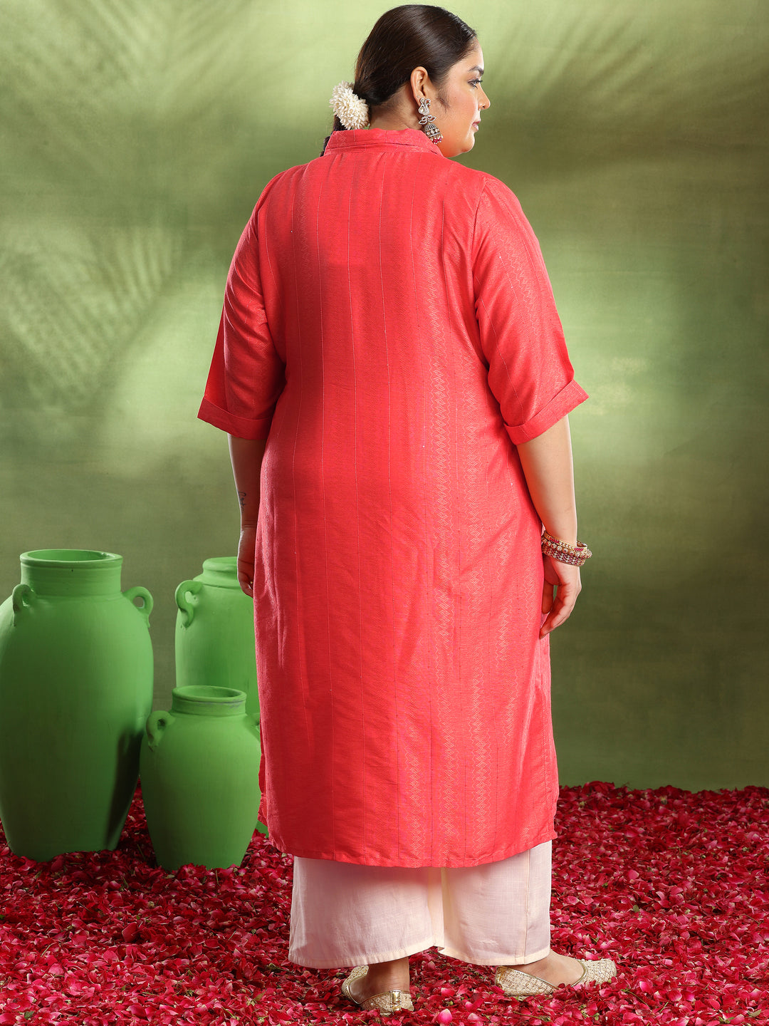 Plus Size Coral Woven Design Cotton Kurta