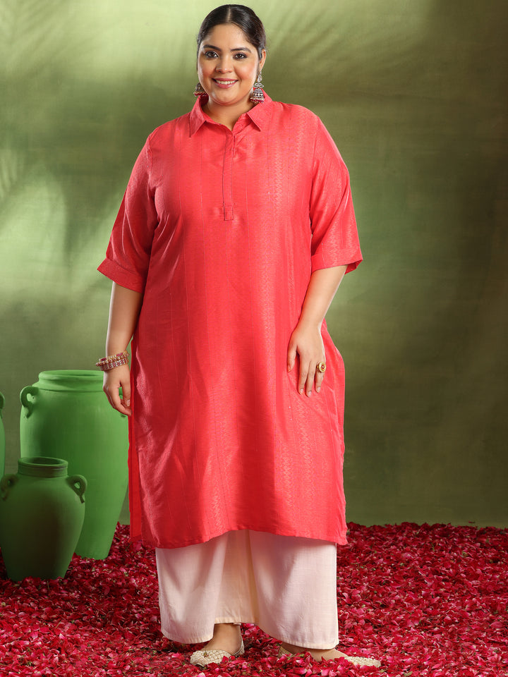 Plus Size Coral Woven Design Cotton Kurta