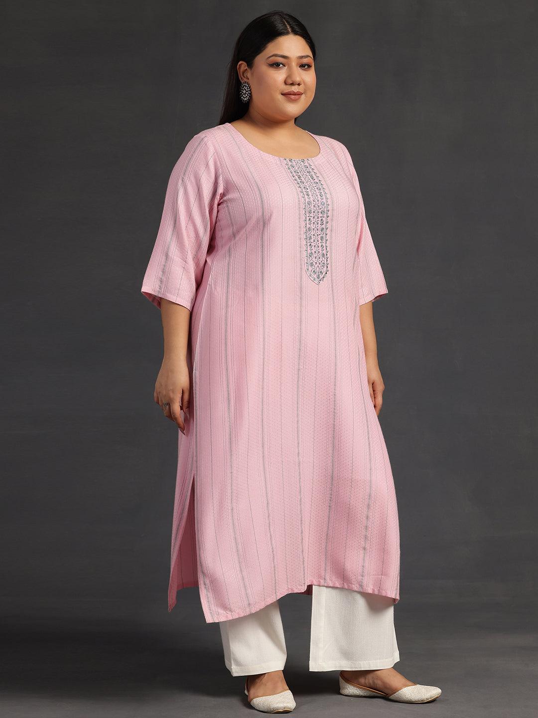 Plus Size Pink Yoke Design Rayon Straight Kurta