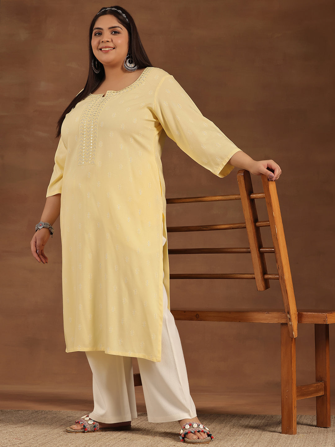 Plus Size Yellow Embroidered Cotton Straight Kurta