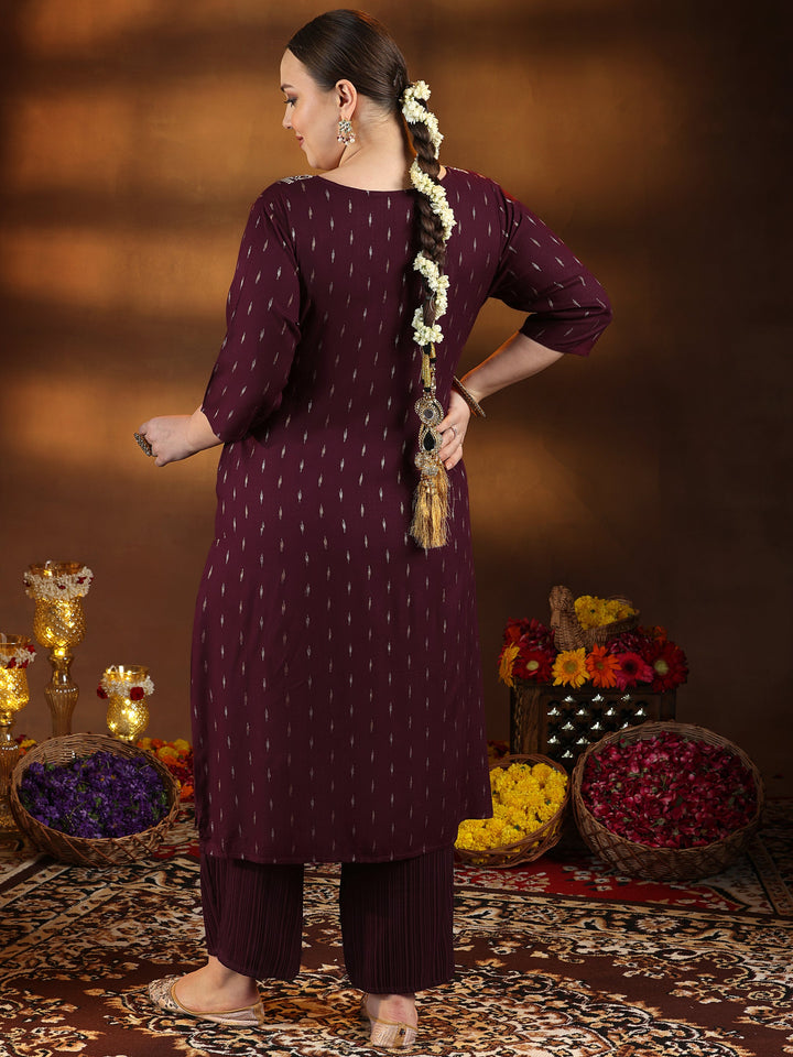 Plus Size Maroon Woven Design Cotton Straight Kurta