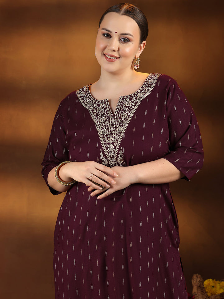 Plus Size Maroon Woven Design Cotton Straight Kurta
