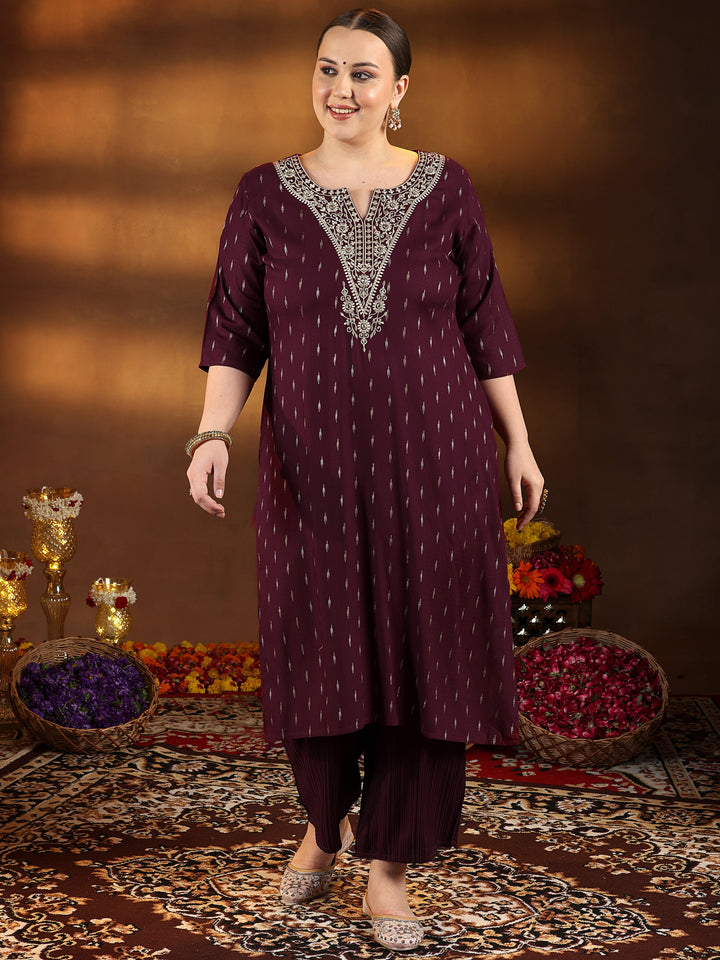 Plus Size Maroon Woven Design Cotton Straight Kurta
