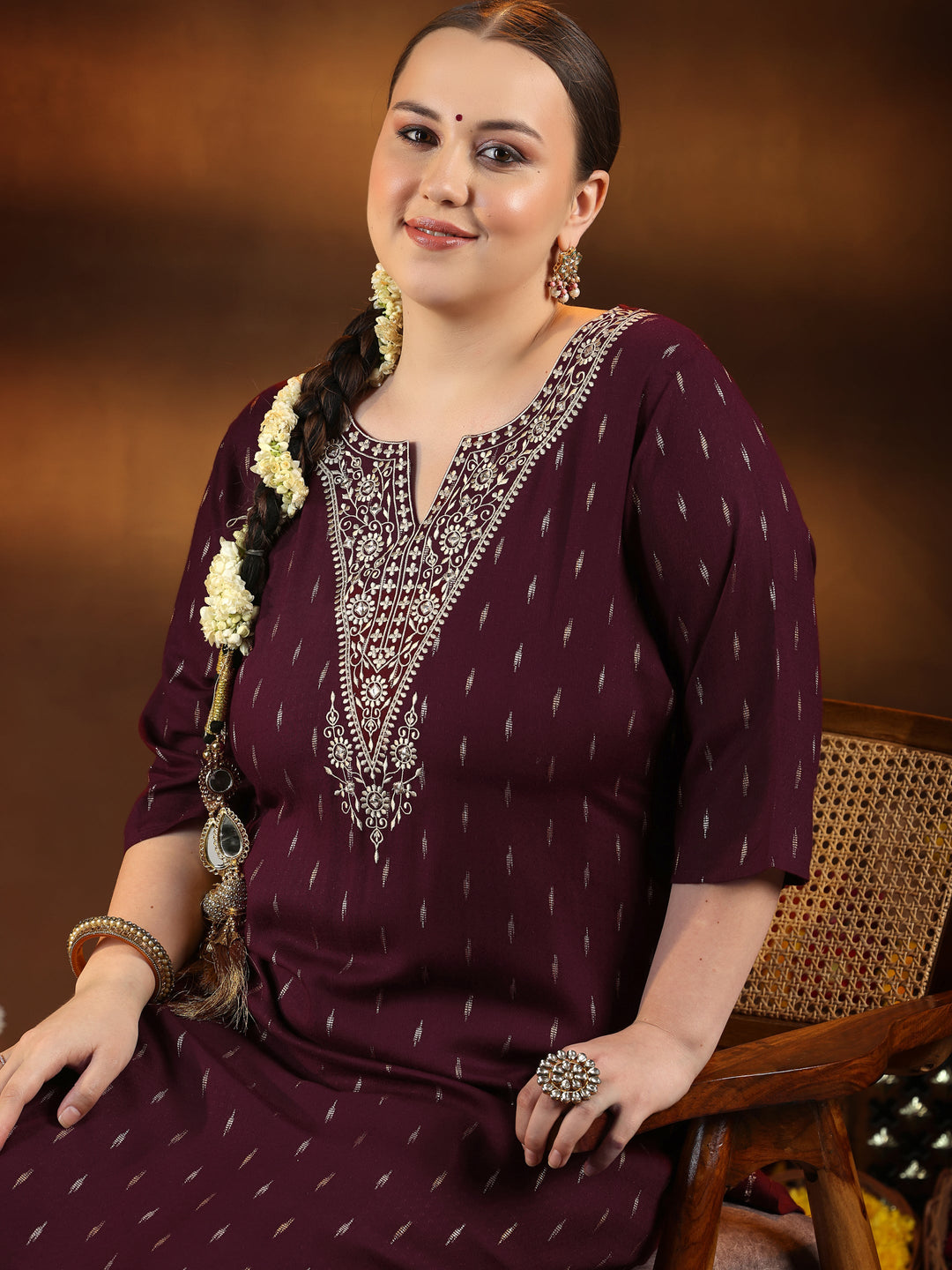 Plus Size Maroon Woven Design Cotton Straight Kurta