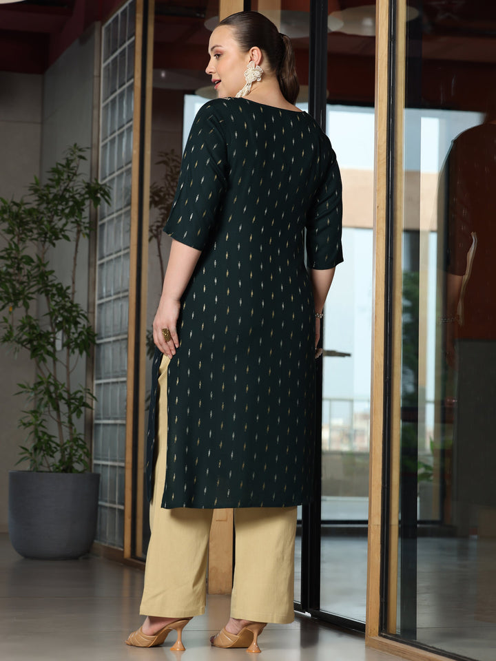 Plus Size Green Woven Design Cotton Straight Kurta