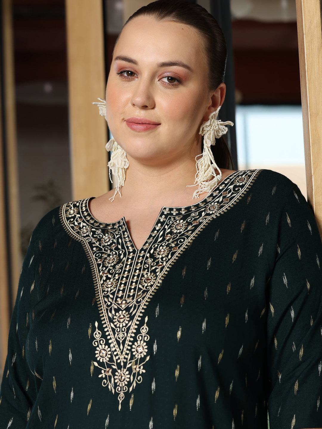 Plus Size Green Woven Design Cotton Straight Kurta