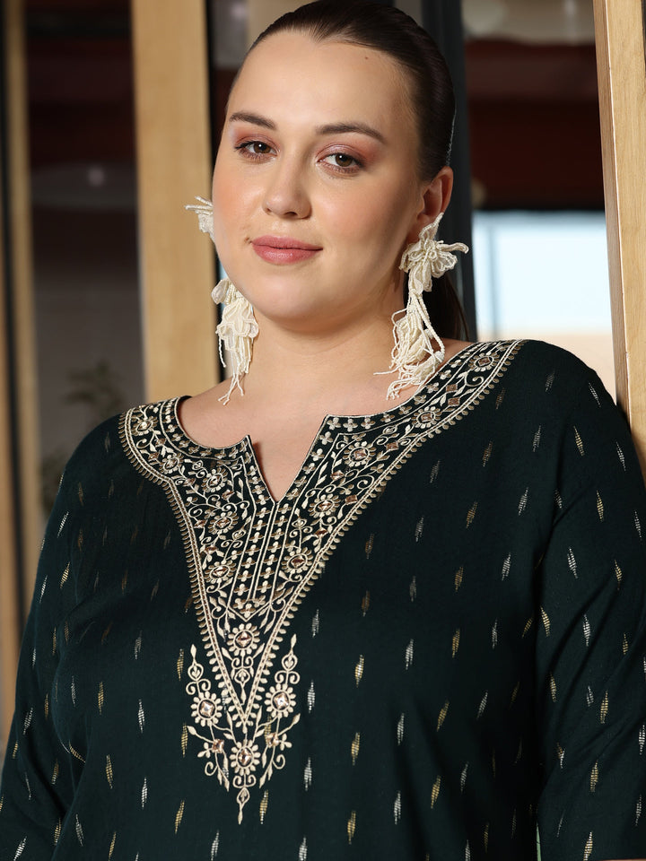 Plus Size Green Woven Design Cotton Straight Kurta
