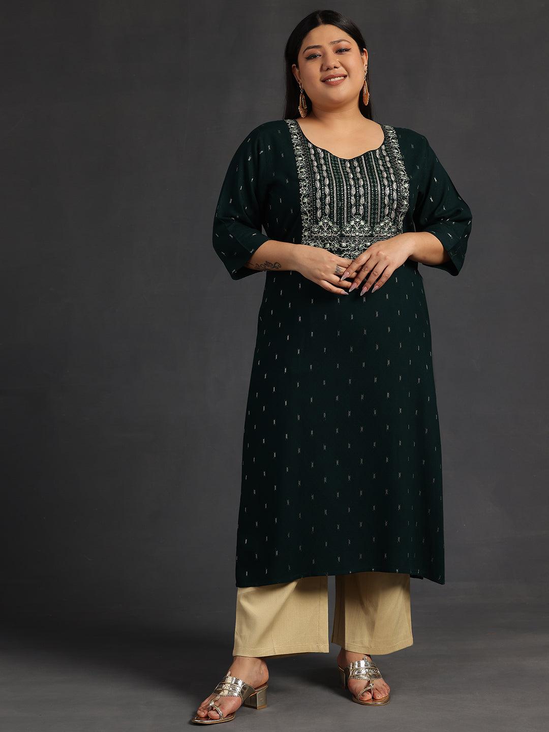 Plus Size Green Yoke Design Rayon Straight Kurta