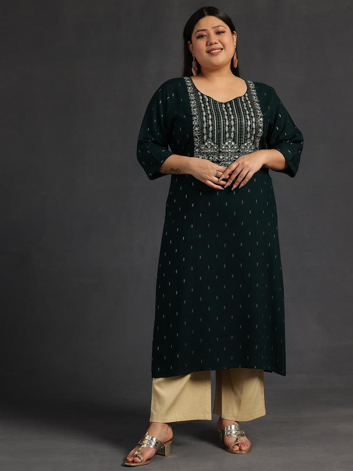 Plus Size Green Yoke Design Rayon Straight Kurta