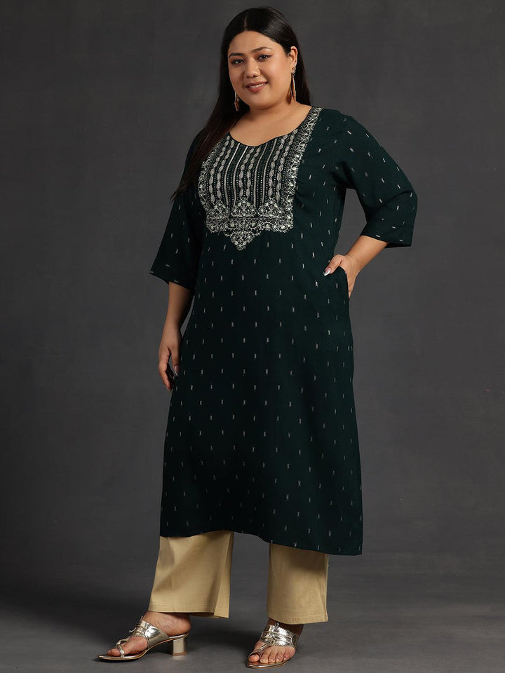 Plus Size Green Yoke Design Rayon Straight Kurta