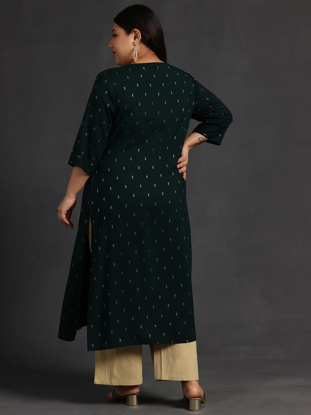 Plus Size Green Yoke Design Rayon Straight Kurta