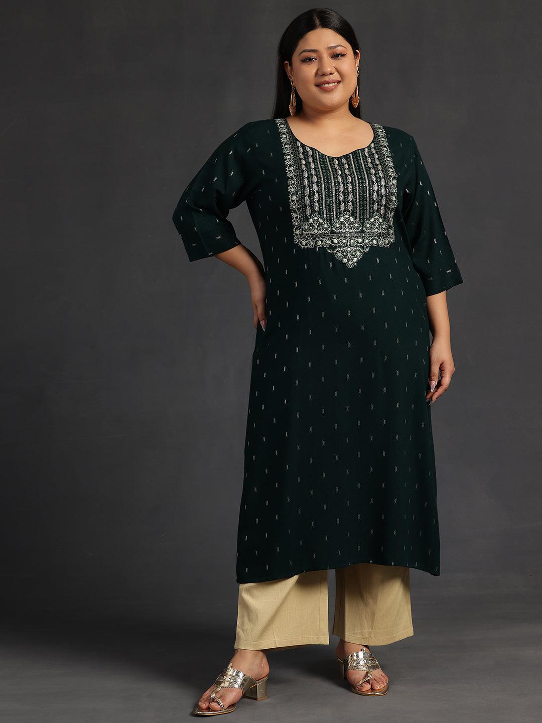 Plus Size Green Yoke Design Rayon Straight Kurta