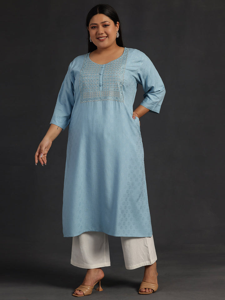 Plus Size Blue Yoke Design Rayon Straight Kurta