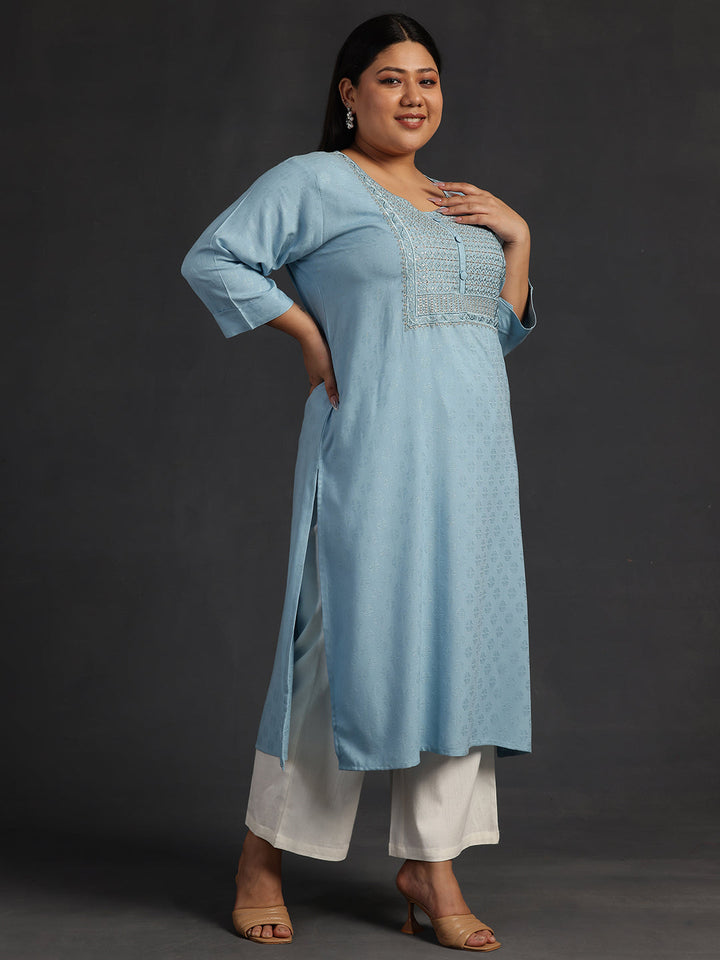 Plus Size Blue Yoke Design Rayon Straight Kurta