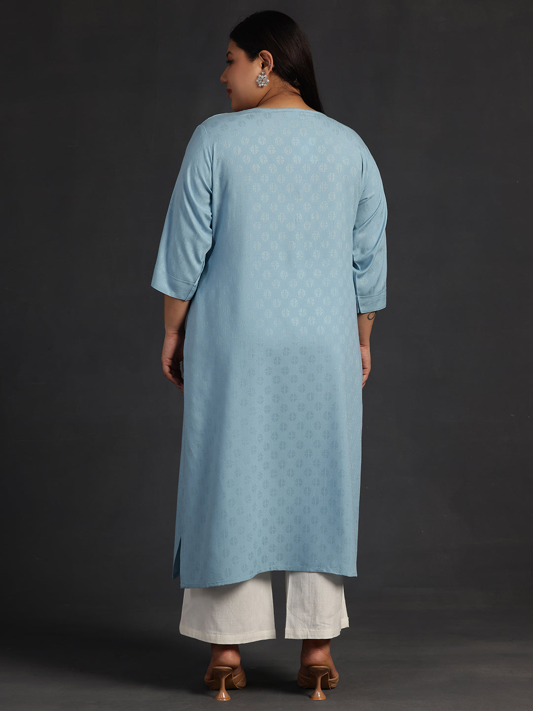 Plus Size Blue Yoke Design Rayon Straight Kurta