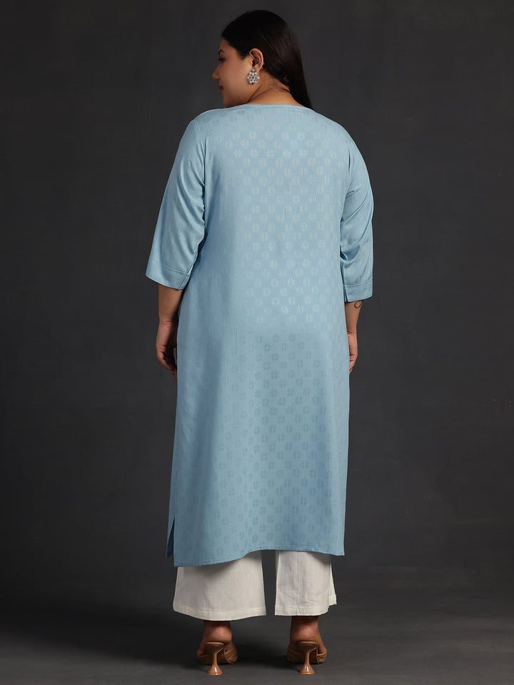 Plus Size Blue Yoke Design Rayon Straight Kurta
