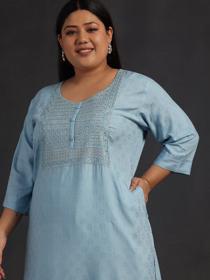 Plus Size Blue Yoke Design Rayon Straight Kurta