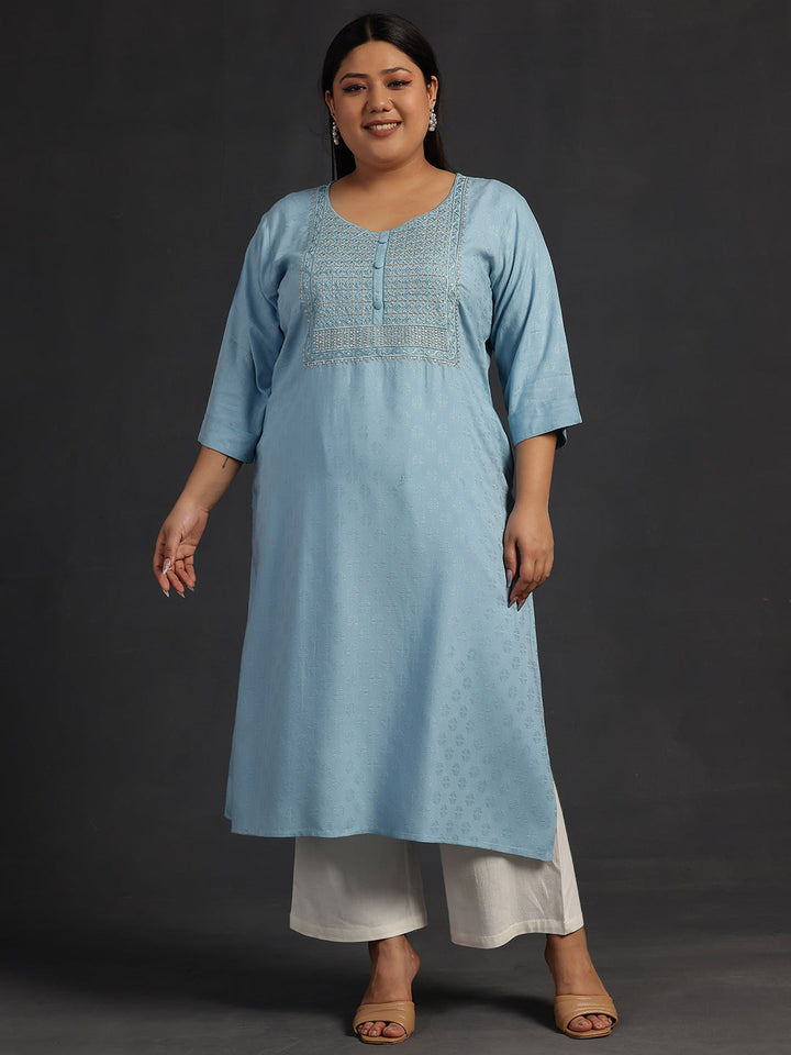 Plus Size Blue Yoke Design Rayon Straight Kurta