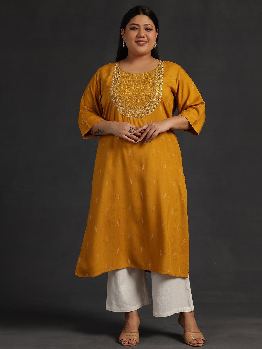 Plus Size Mustard Yoke Design Rayon Straight Kurta