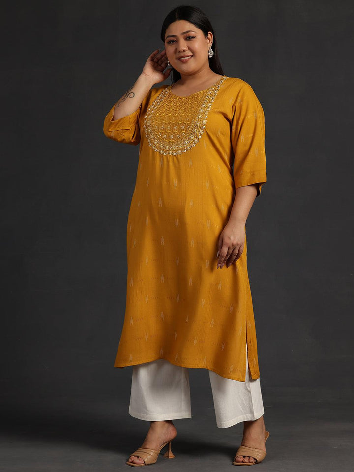 Plus Size Mustard Yoke Design Rayon Straight Kurta
