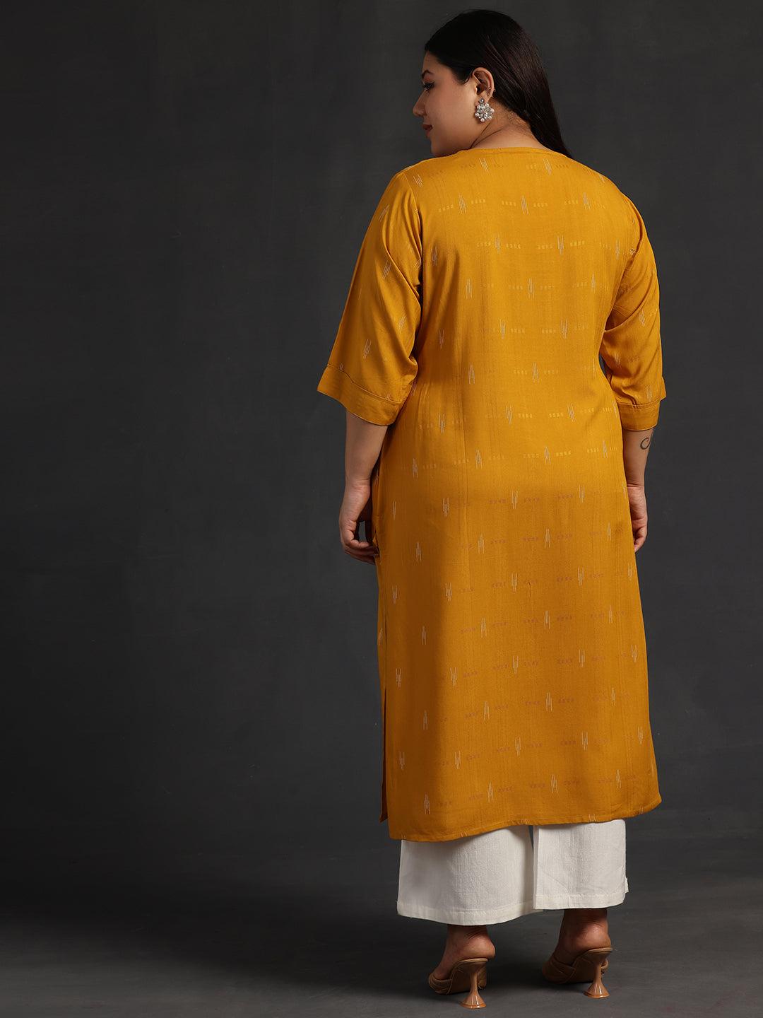 Plus Size Mustard Yoke Design Rayon Straight Kurta