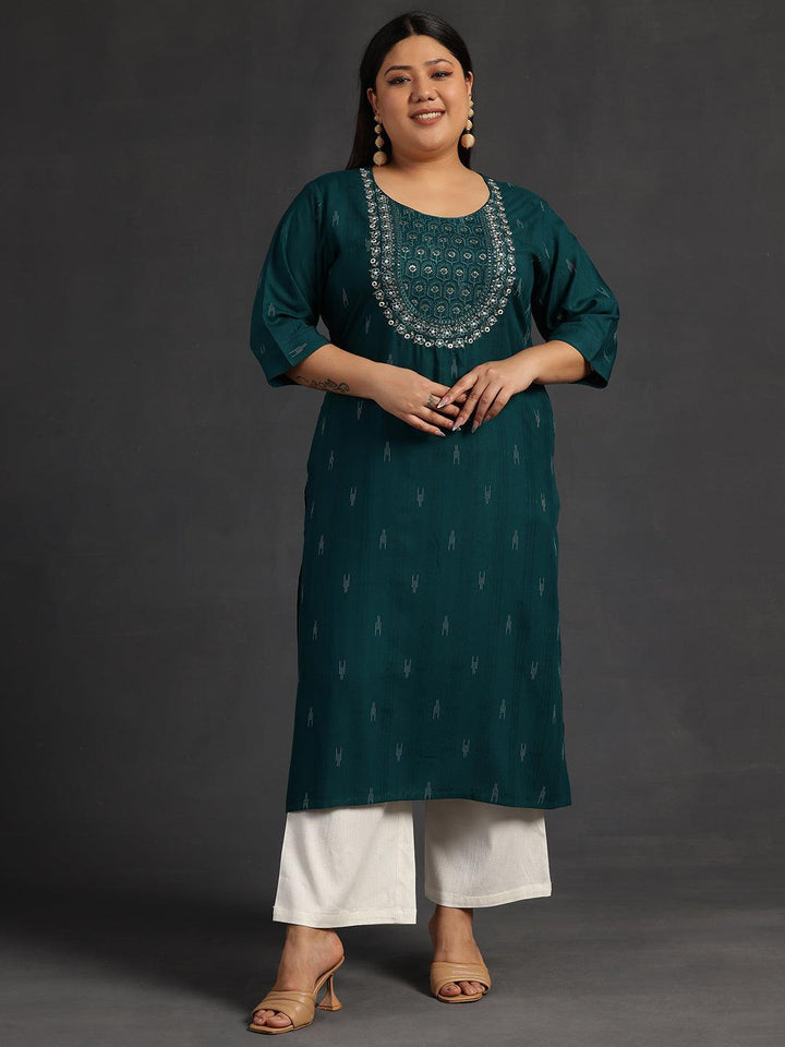 Plus Size Green Yoke Design Rayon Straight Kurta