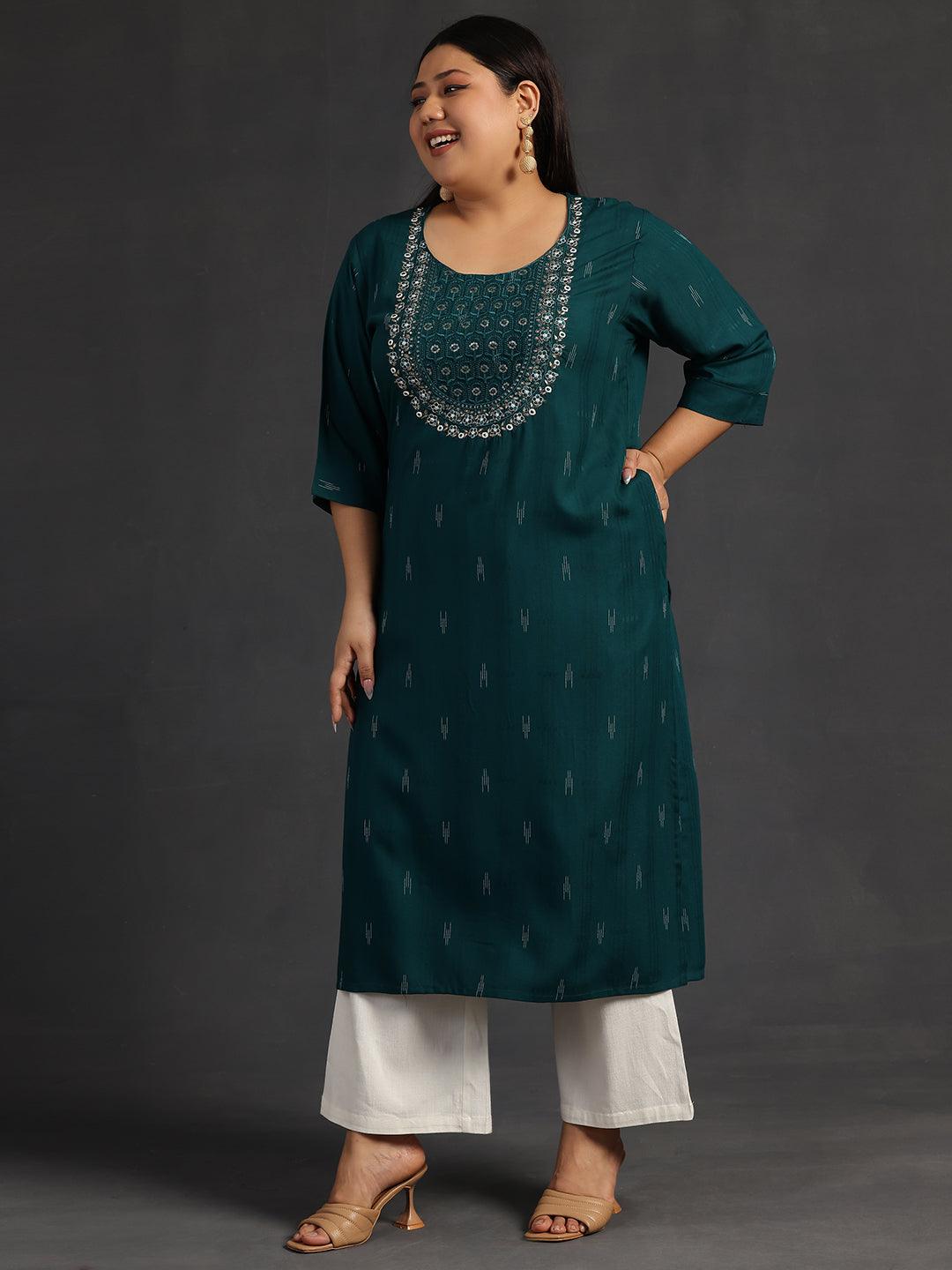 Plus Size Green Yoke Design Rayon Straight Kurta