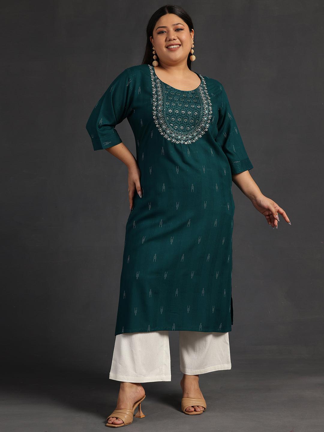 Plus Size Green Yoke Design Rayon Straight Kurta