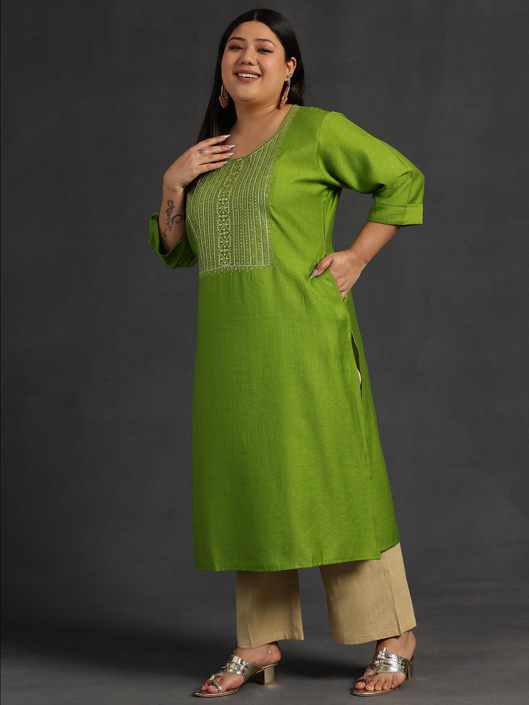 Plus Size Green Yoke Design Silk Straight Kurta