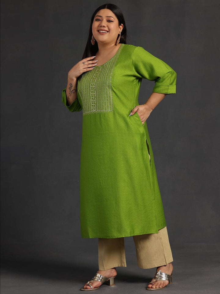 Plus Size Green Yoke Design Silk Straight Kurta