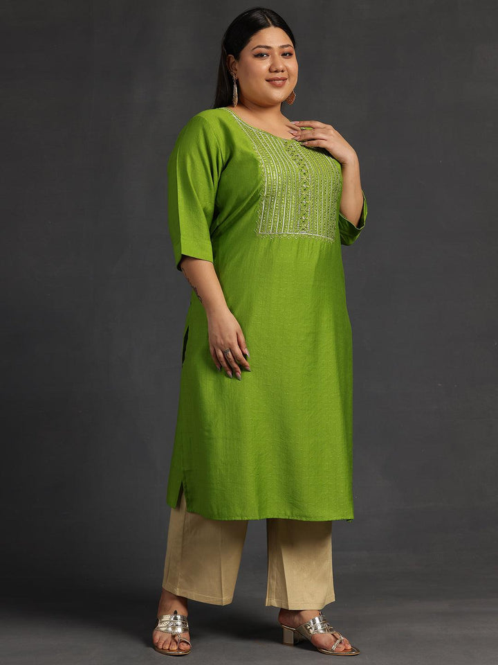 Plus Size Green Yoke Design Silk Straight Kurta