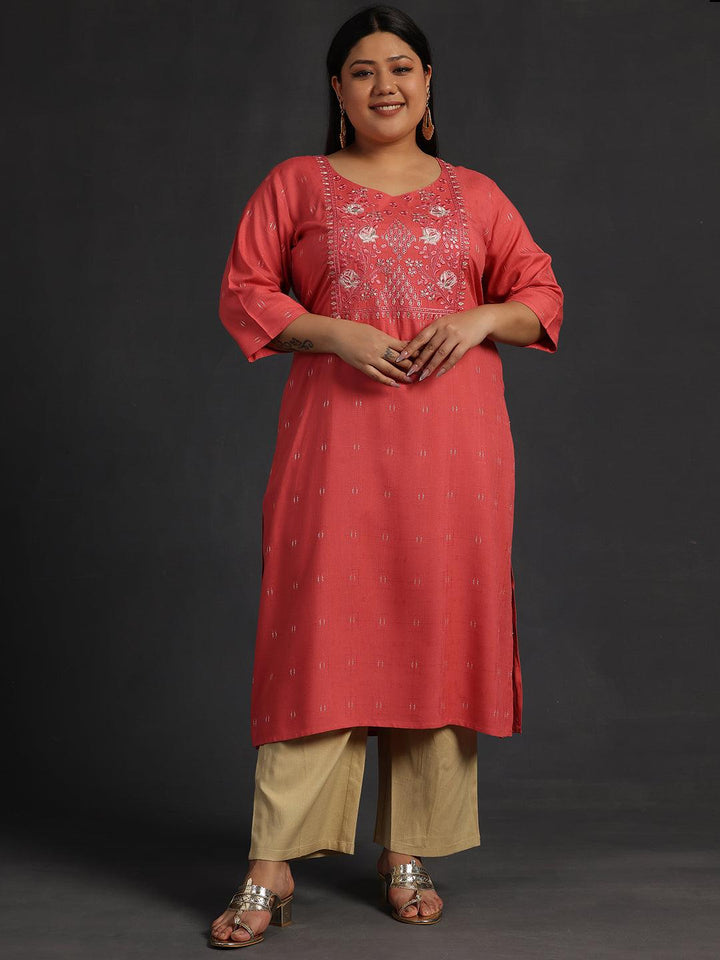 Plus Size Coral Yoke Design Silk Straight Kurta