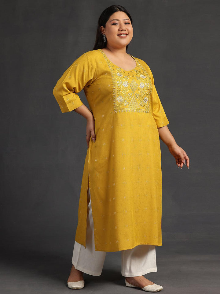 Plus Size Mustard Yoke Design Silk Straight Kurta