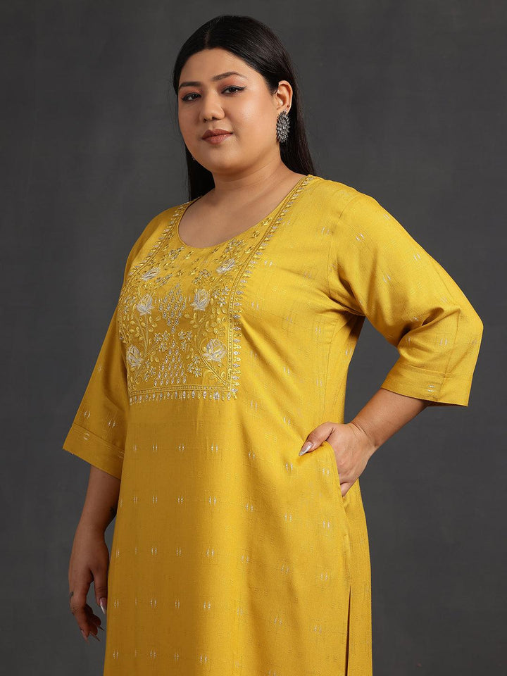 Plus Size Mustard Yoke Design Silk Straight Kurta