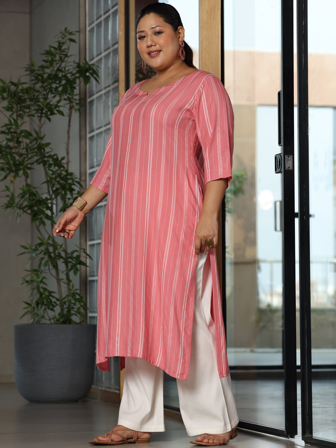Plus Size Pink Woven Design Rayon Straight Kurta
