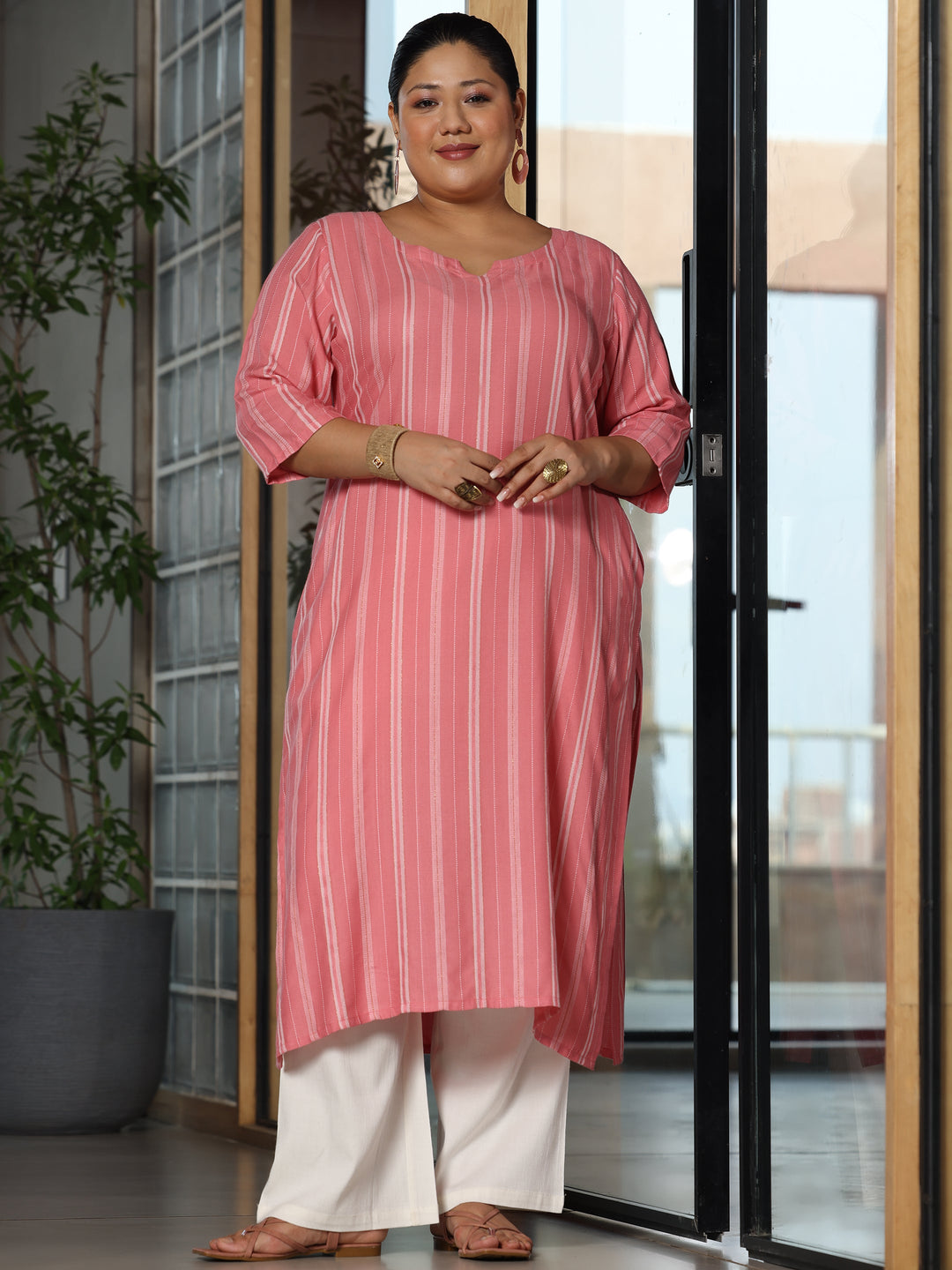 Plus Size Pink Woven Design Rayon Straight Kurta