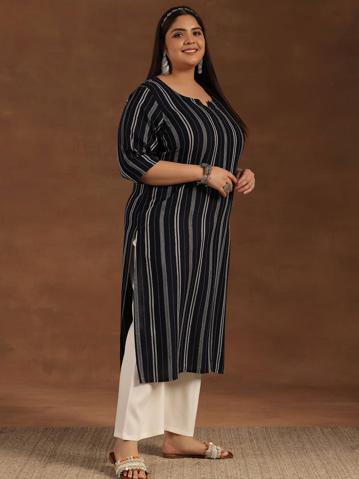 Plus Size Navy Blue Striped Rayon Straight Kurta