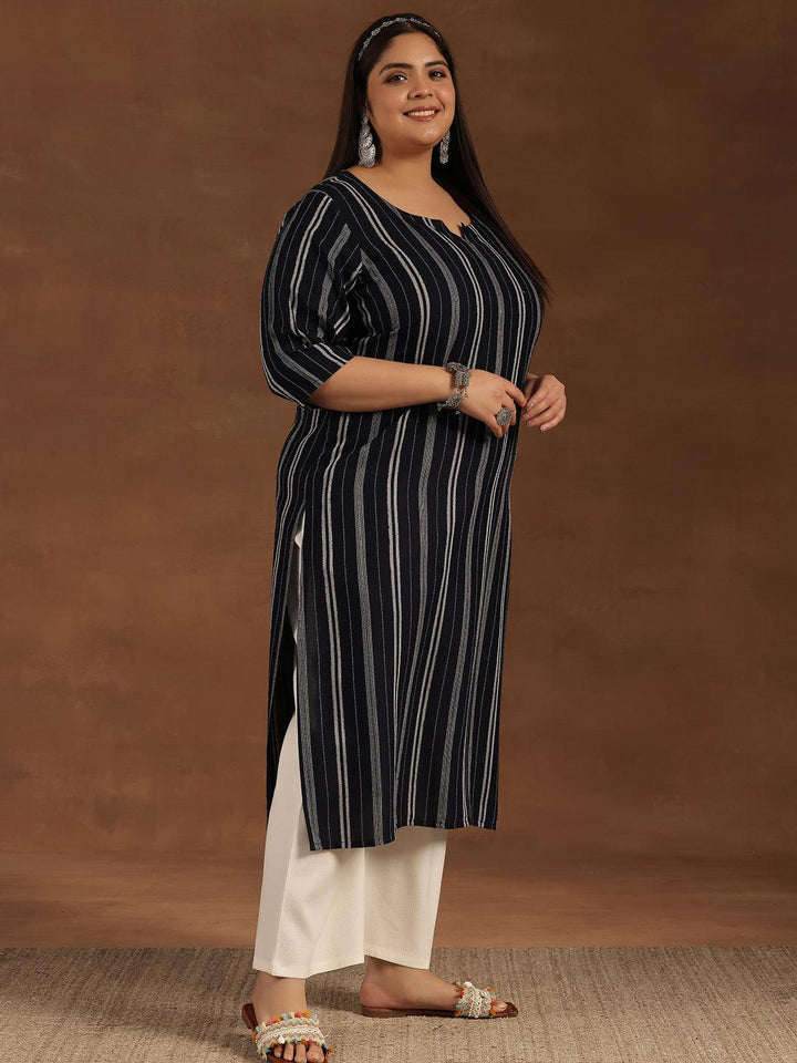 Plus Size Navy Blue Striped Rayon Straight Kurta