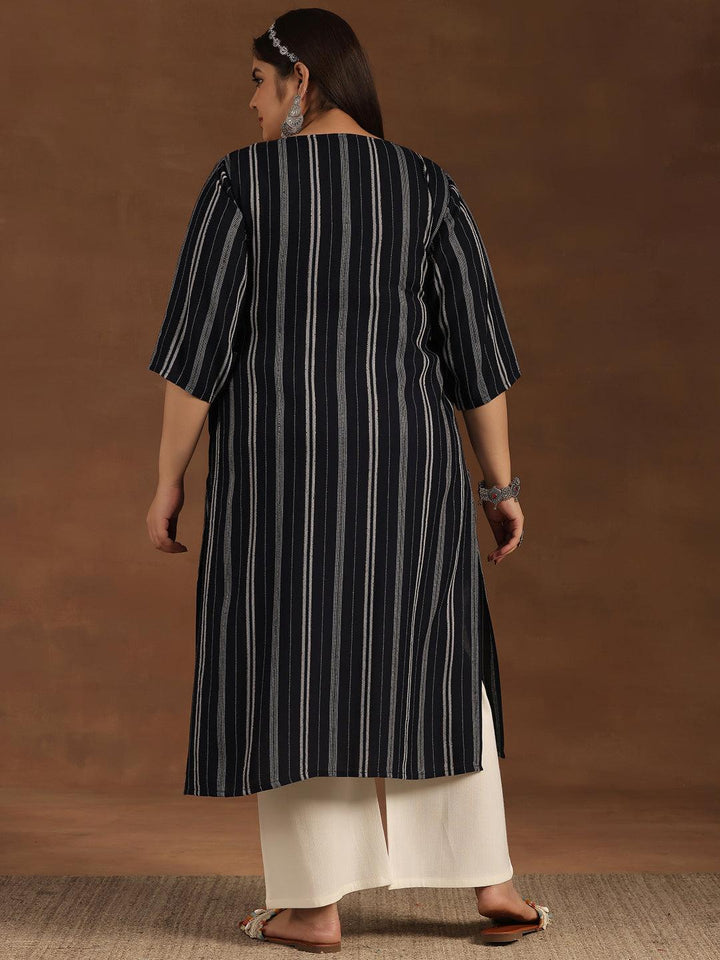 Plus Size Navy Blue Striped Rayon Straight Kurta